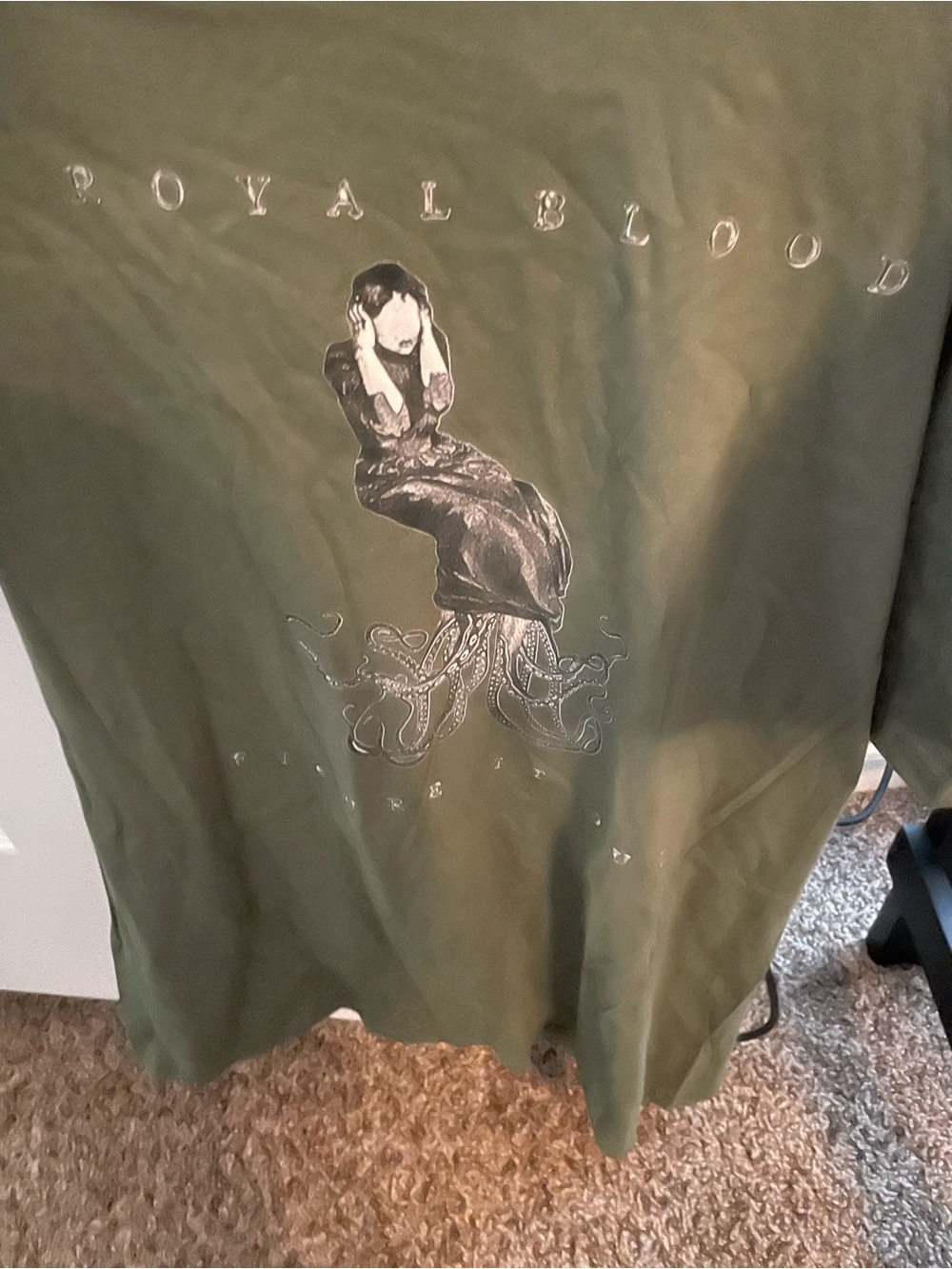 Gildan Olive Tee with Black and White Surreal Figure Print the band royal blood